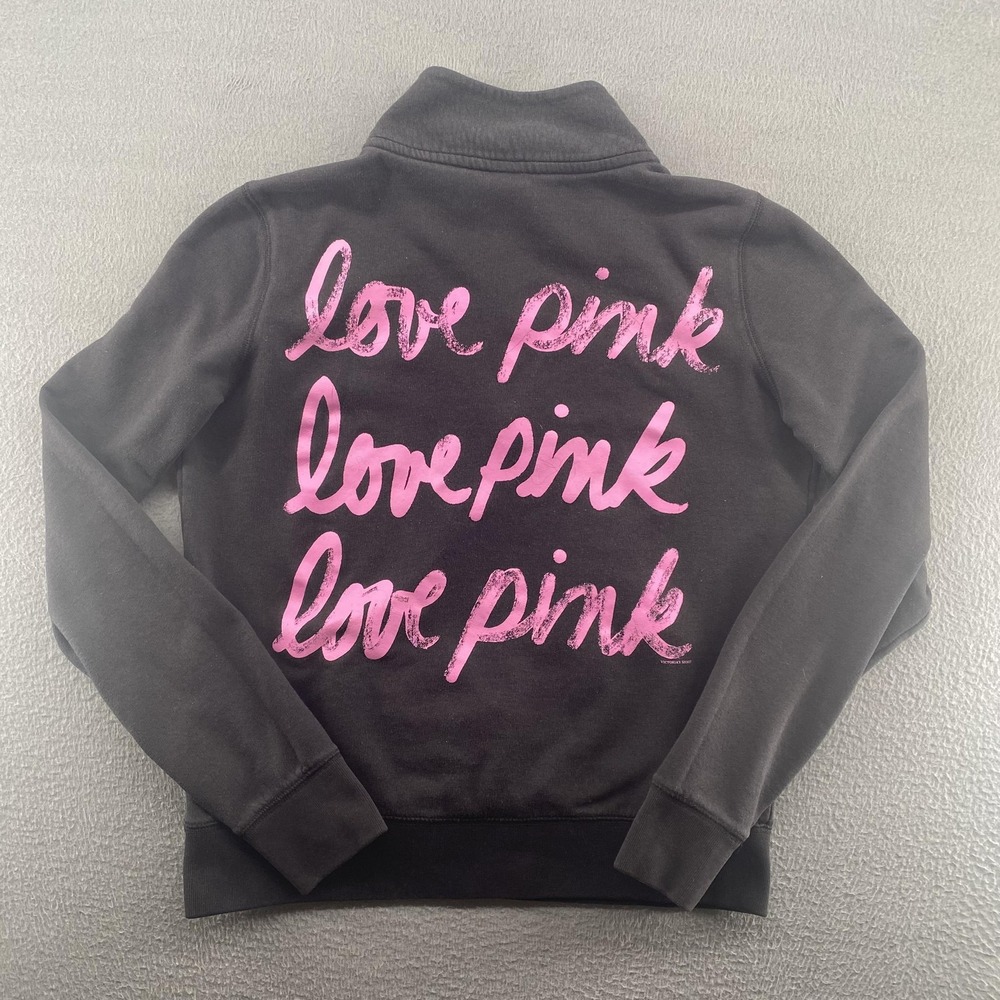 PINK‎ Victoria's Secret Sweatshirt Womens Small Black Love Pink 1/4 Zip Pullover